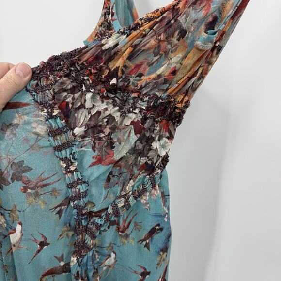 John Paul Gaultier Soleil Maxi Dress M Floral Birds Mesh Sleeveless Smocked Y2K - Picture 12 of 16